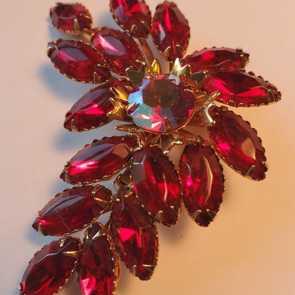 Vintage Large 2 1/2" Ruby Red And Ab Rhinestones … - image 1